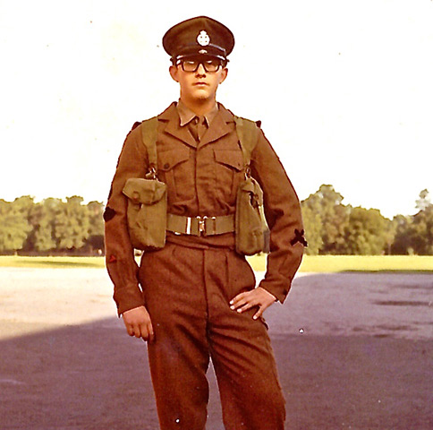 Brent Sadler in his teens in the uniform of the First Battalion of the London Rifle Brigade, Royal Masonic School CCF (Combined Cadet Force)