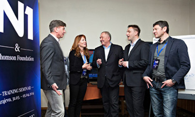 Chairman of N1 Editorial Board, Brent Sadler (centre), talks to senior N1 editorial colleagues: (l/r) Dubravko Merlic,  Maja Zezelj, Amir Zukic, Jugoslav Cosic