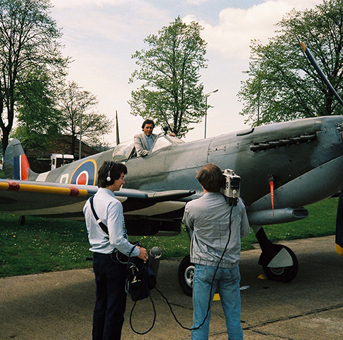 Brent Sadler recording a stand-up for ITN before taking to the skies in a two-seater Spitfire