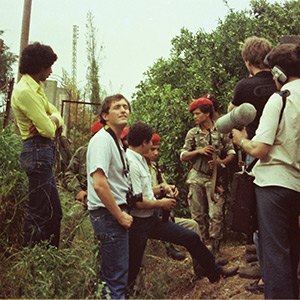 Sadler with ITN cameraman Sebastian Rich and soundman Mike Parkin interviewing PLO fighters in South Lebanon, 1981