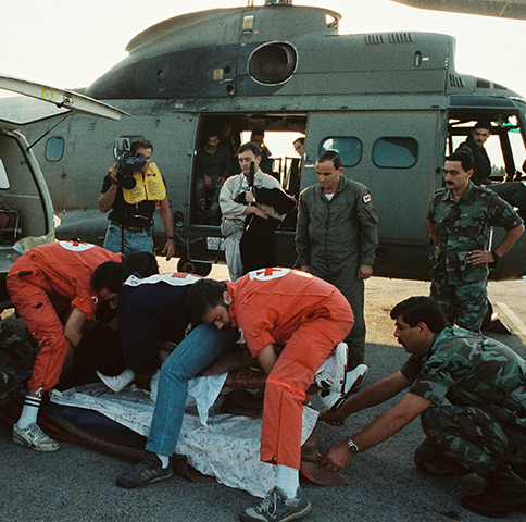 Edgar Broumana is evacuated from Beirut by Lebanese Army helicopter for sight-saving surgery in the UK