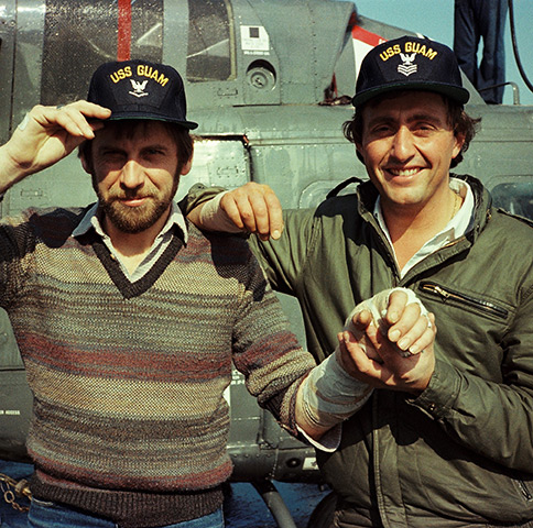 ITN cameraman Ted Henley and Brent Sadler aboard the USS Guam off the Lebanese coast in 1983. Henley and Sadler were both evacuated to the warship after being shot in the village of Damour, south of the capital, Beirut