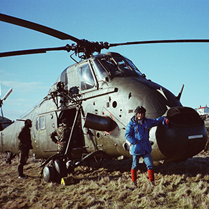 Brent Sadler flies into Port Stanley, Falkland Islands, in a British military helicopter