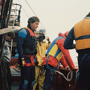 Preparing to climb Rockall, a remote islet in the Atlantic Ocean for an ITN exclusive story in 1985