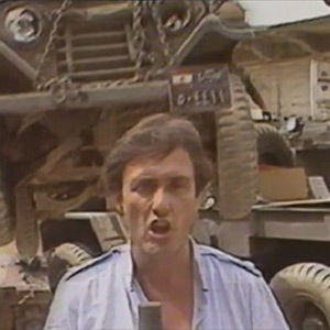 See the moment a Lebanese Army jeep comes loose from a tow truck as Brent delivers a report from Lebanon in 1983